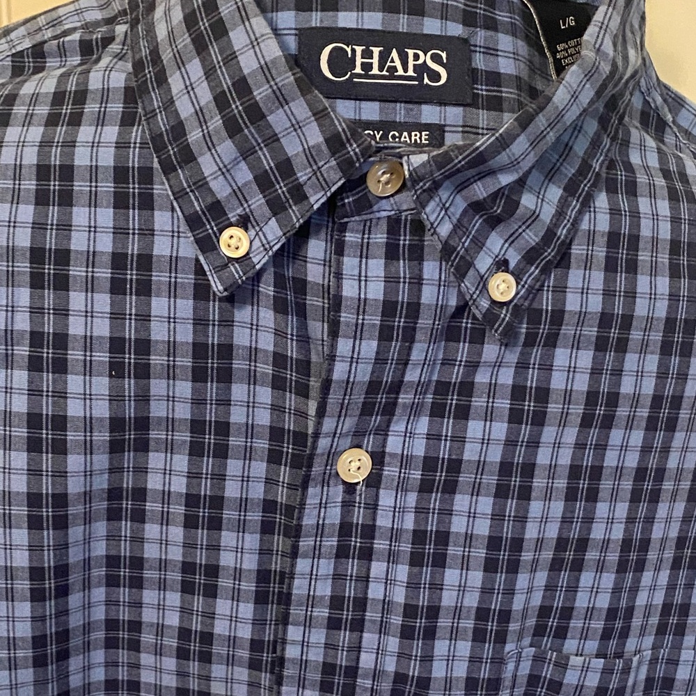 Men's Handsome Chaps Size L Blue Plaid pattern long sleeve dress/ casual shirt.
